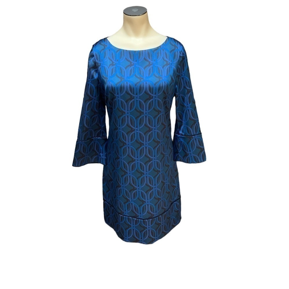 Elie Tahari Esmarella 3/4 Sleeve Cocktail Shift Dress Blue Printed Women Size 2 - Picture 4 of 13